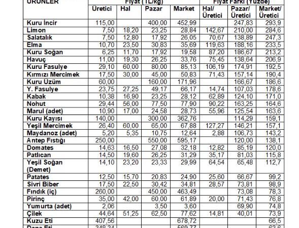 TÜRKİYE ZİRAAT ODALARI BİRLİĞİ Mayıs ayı üretici market fiyat değişimi